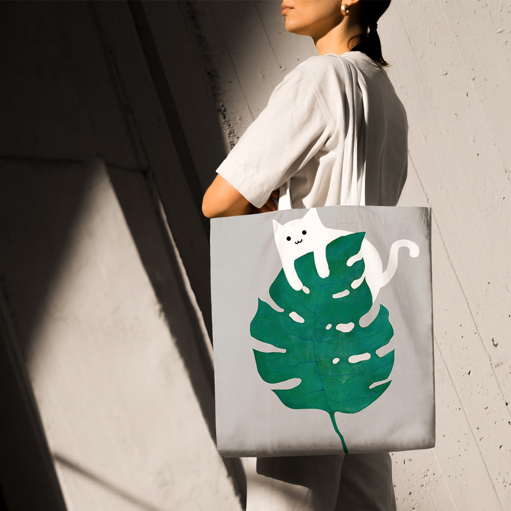 Feblilac Cat and Monstera Canvas Tote Bag