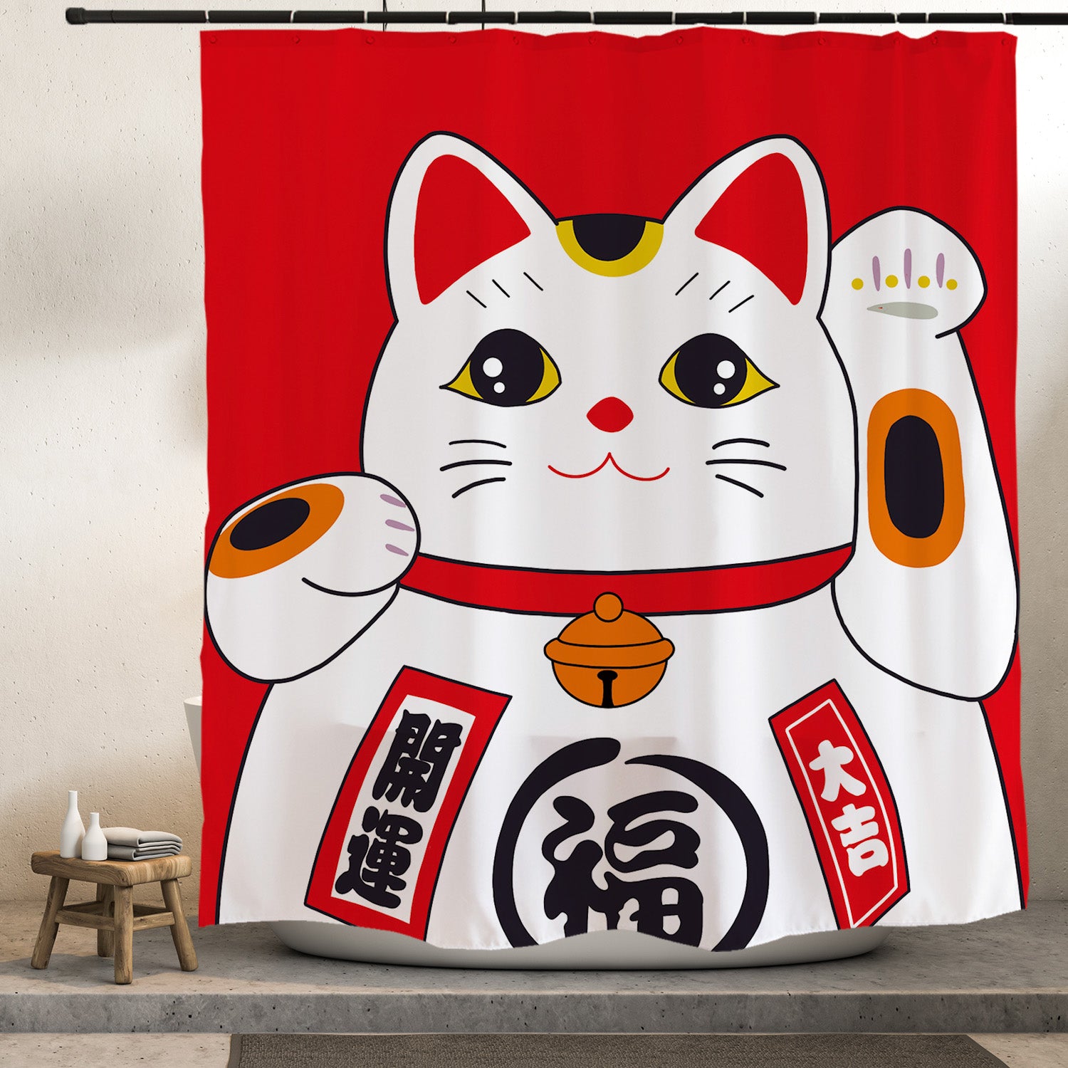 Feblilac Red Lucky Cat Shower Curtain with Hooks