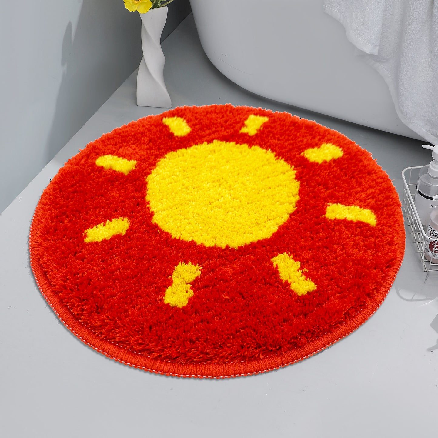 Feblilac Red Background Yellow Sun Tufted Bath Mat