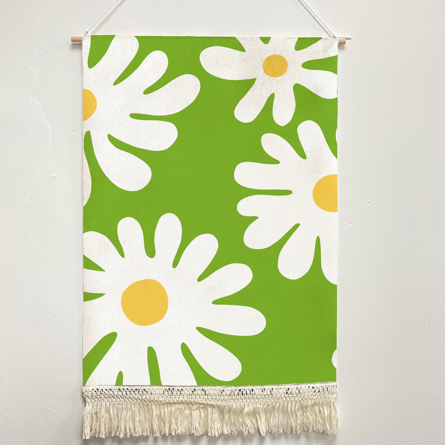 Feblilac Green Background Irregular Daisy Handmade Macrame Hanging Wall Decor Art, Woven Tapestry, Wall Decoration @Frank’s design