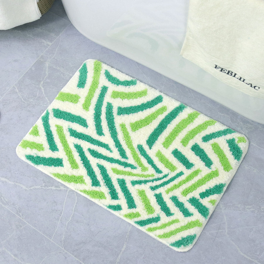 Feblilac Abstract Green Lines Bath Mat, Modern Leaves Art Rug for Bathroom - view 4