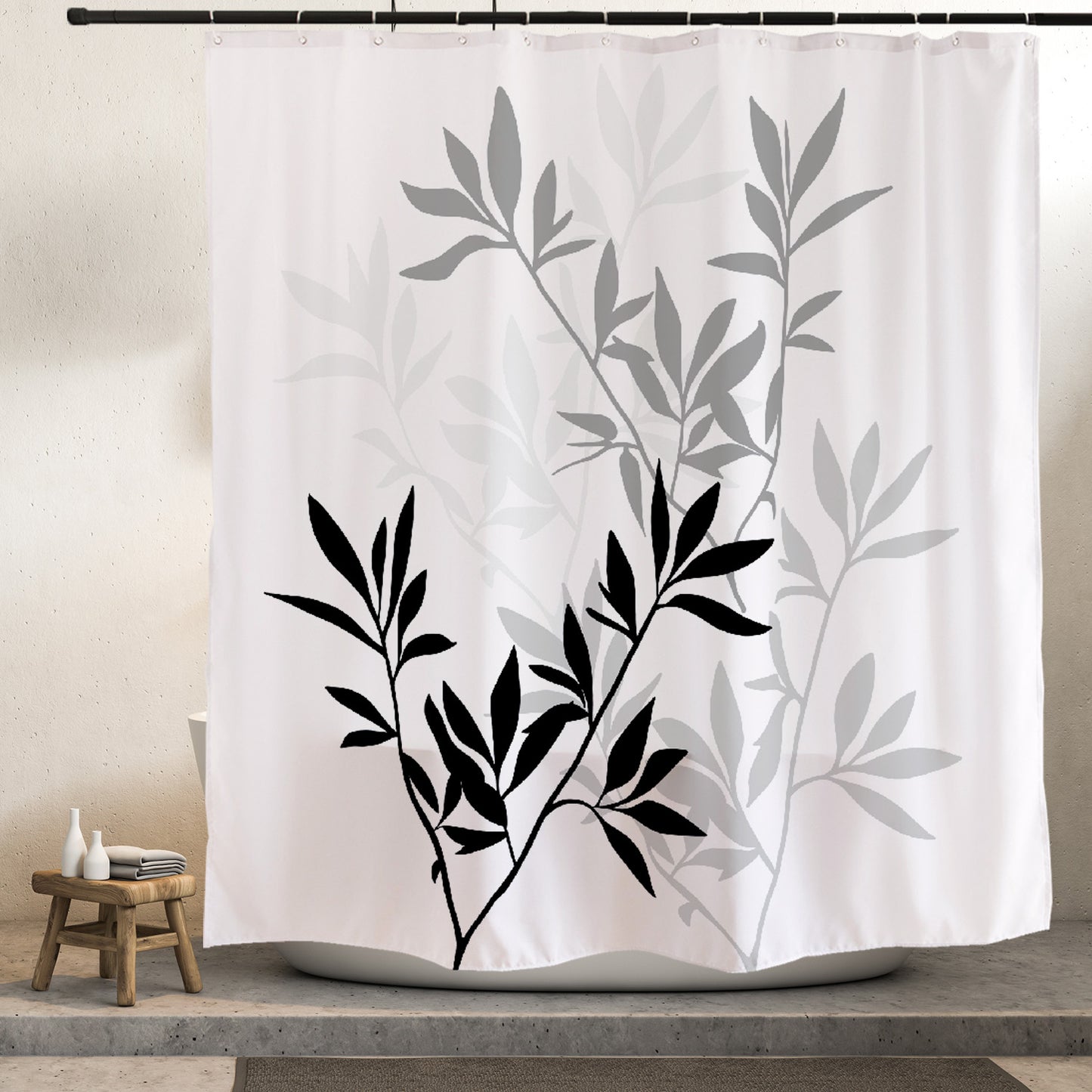 Bamboo Leaves Shower Curtain, Black and White, Green, Blue