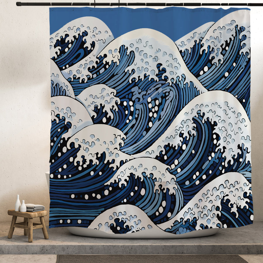 Feblilac Ukiyo-e Wave shower curtain hanging in a bright bathroom