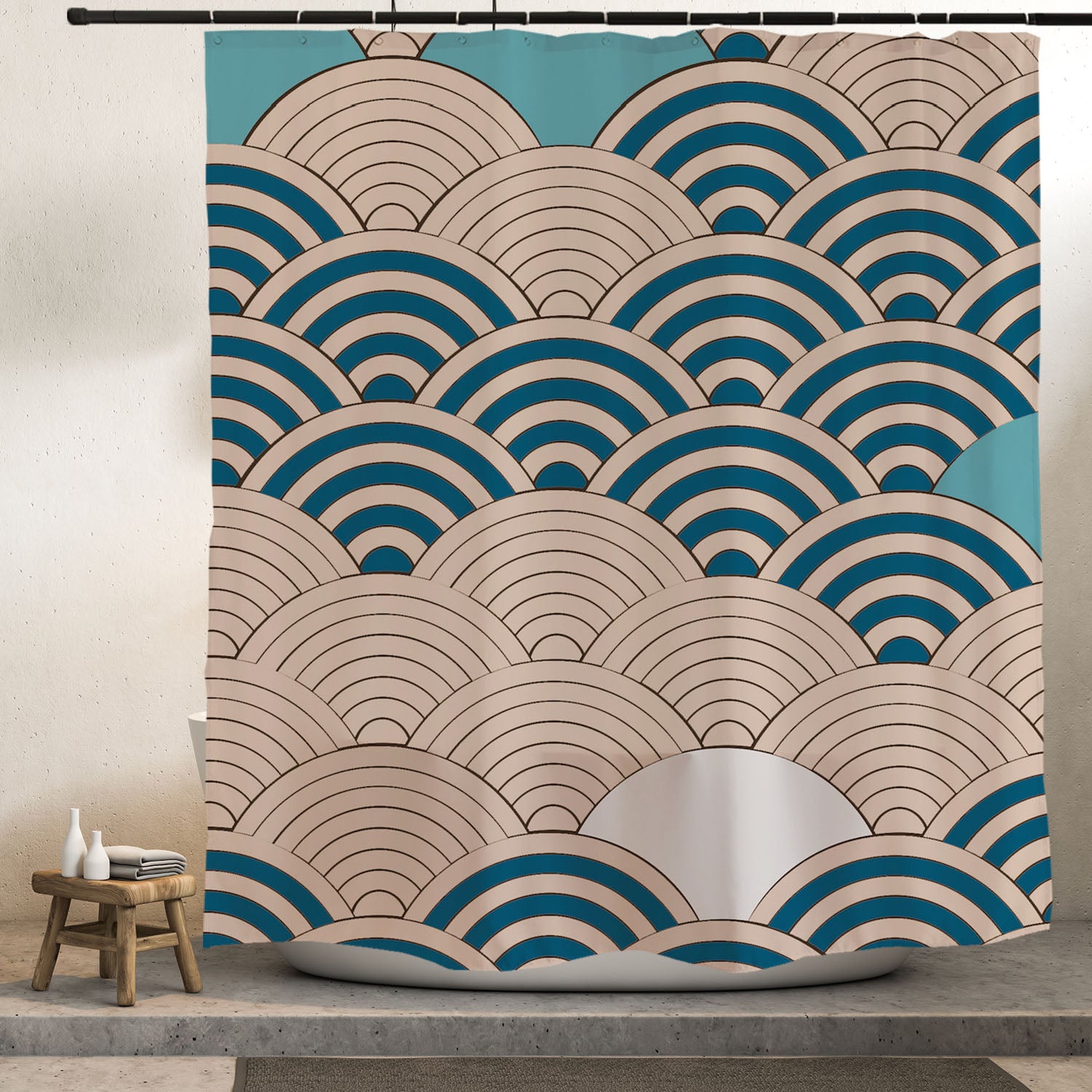 Feblilac Yellow and Blue Waves Shower Curtain with Hooks