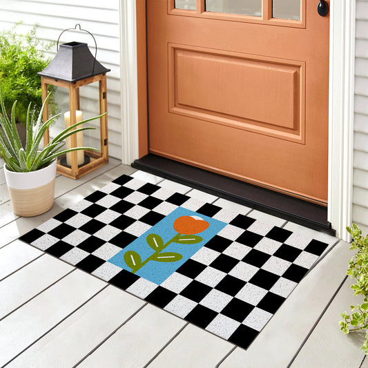 Feblilac Black and White Checkerboard Tulips PVC Coil Door Mat