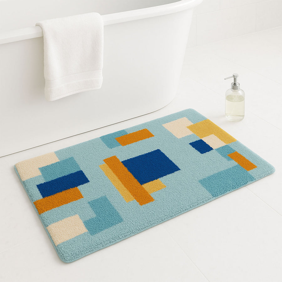 Feblilac Blue and Brown Squares Geometric Tufted Bath Mat - view 2