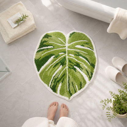 Feblilac Monstera Leaf Tufted Bath Mat – Green Botanical Rug