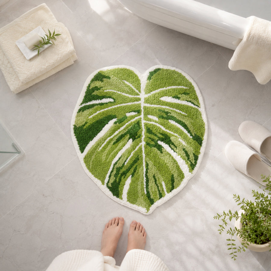 Feblilac Monstera Leaf Tufted Bath Mat – Green Botanical Rug