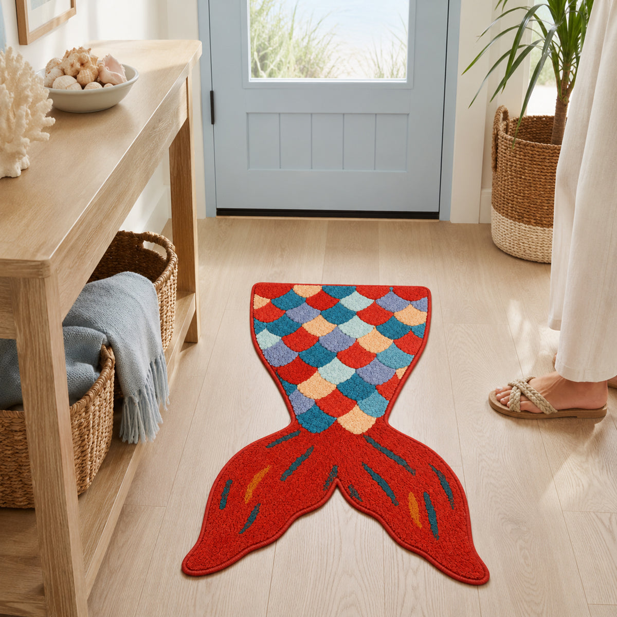 Feblilac Red Mermaid Tail tufted bath mat in a bright bathroom beside the bathtub