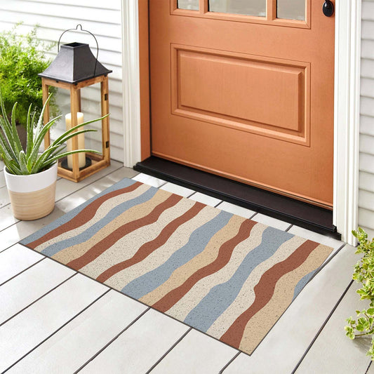 Feblilac Blue and Orange Colored Stripes PVC Coil Door Mat