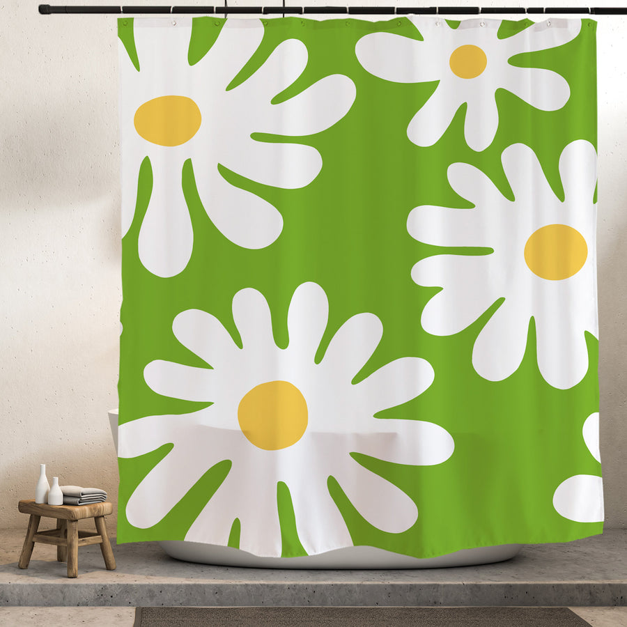 Feblilac Green Background Irregular Daisy Shower Curtain @Frank’s design