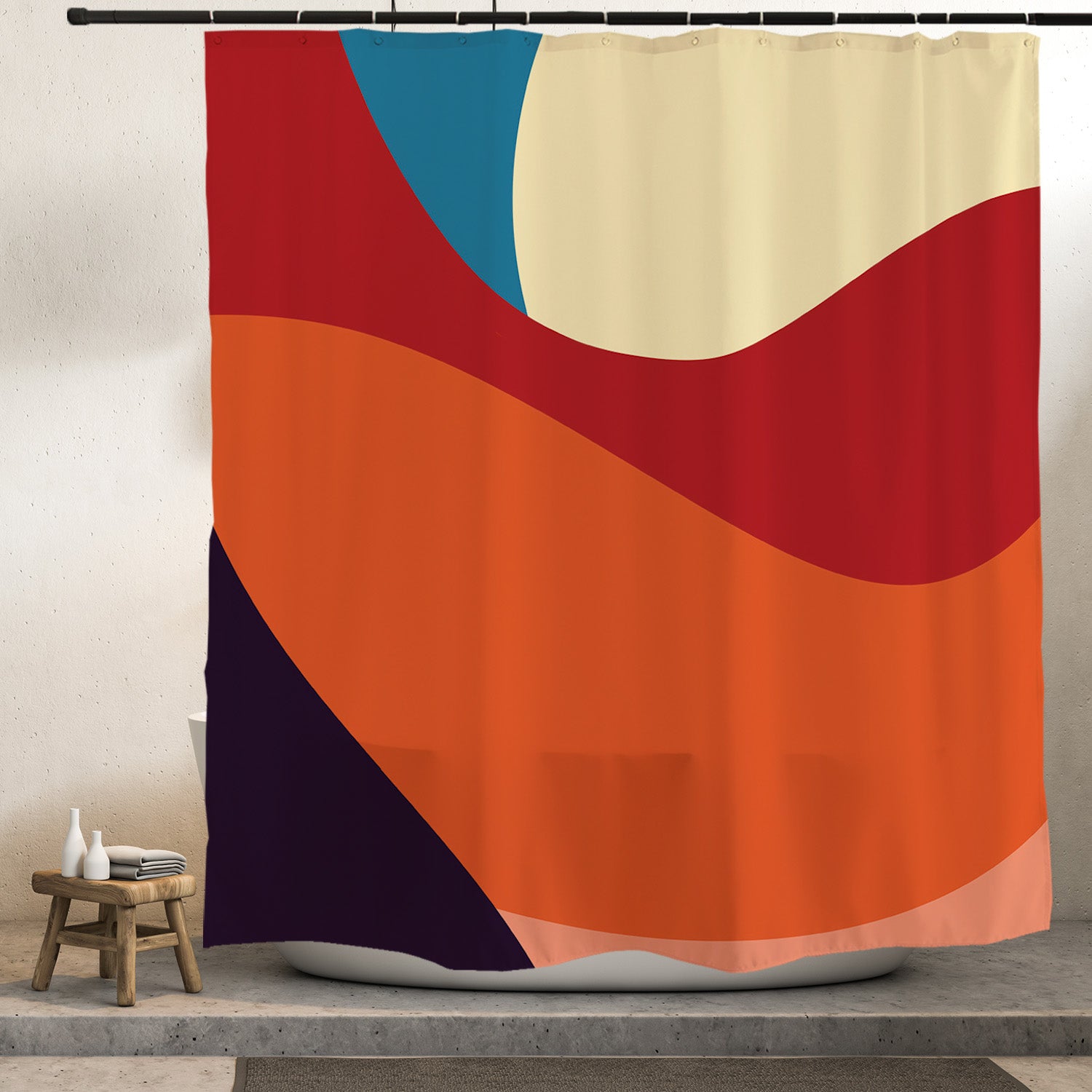 Feblilac Black and Red Abstract Curves Shower Curtain with Hooks