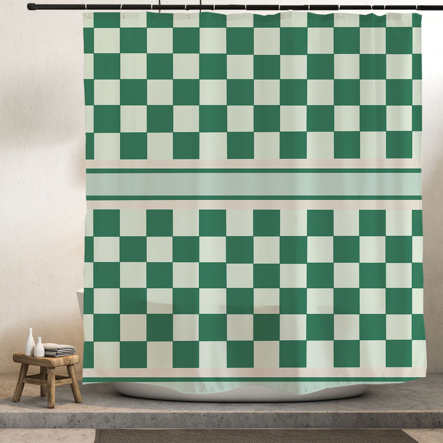 Feblilac Green Checkerboard Pattern Shower Curtain with Hooks