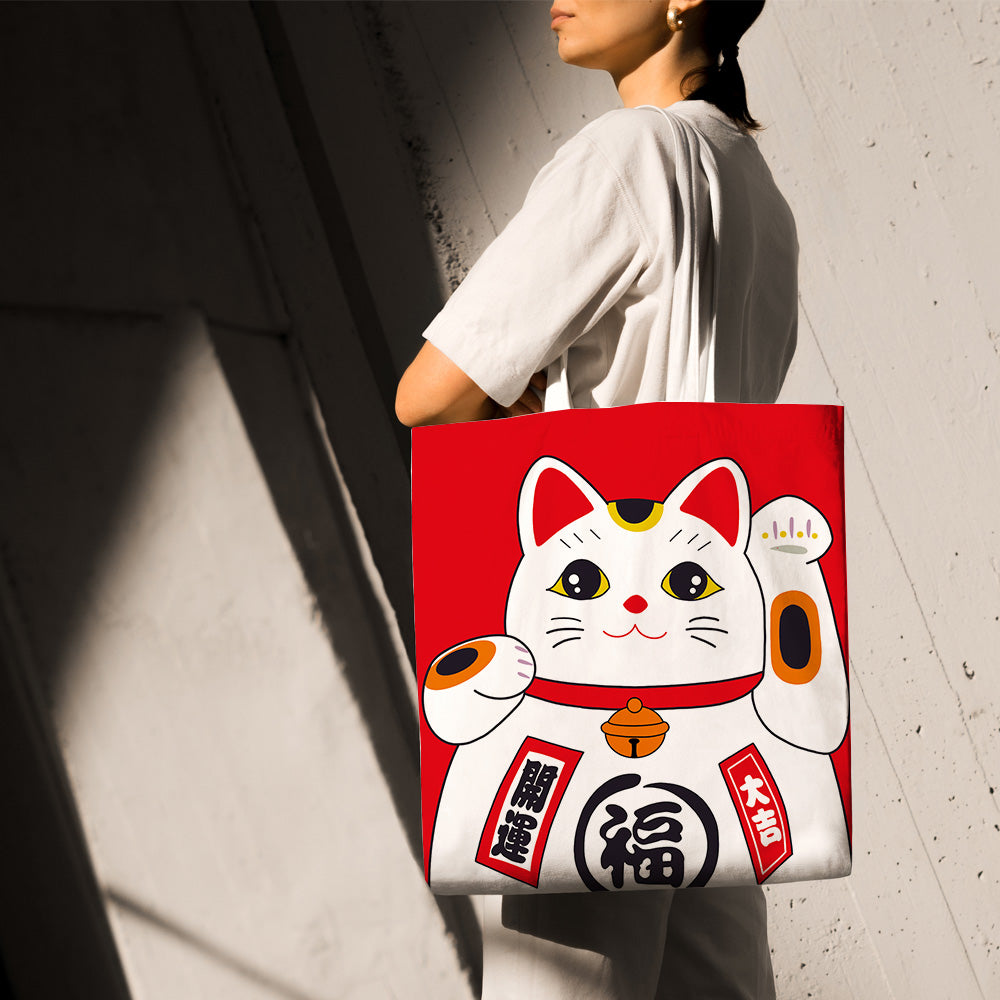 Feblilac Red Lucky Cat Canvas Tote Bag