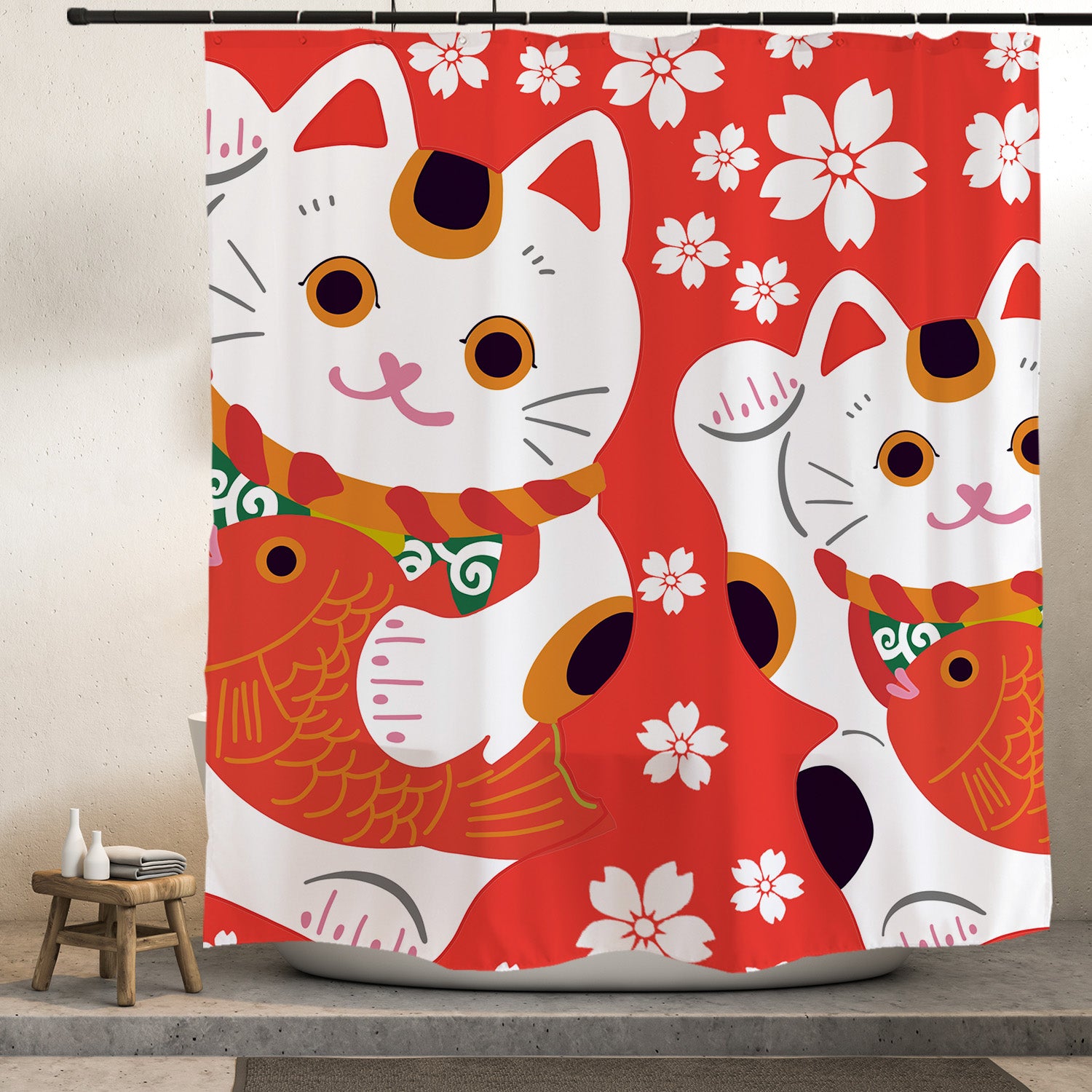 Feblilac Red Background White Sakura Lucky Cat Shower Curtain with Hooks