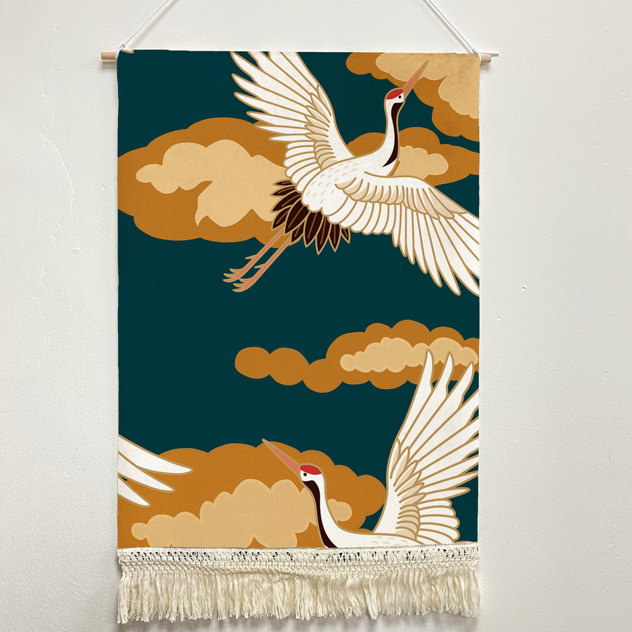 Feblilac Blue Background Crane Handmade Macrame Hanging Wall Decor Art