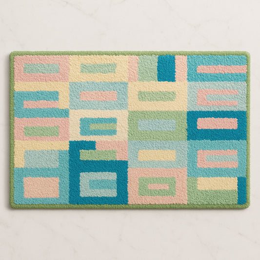 Feblilac Pink and Blue Square Geometric Tufted Bath Mat