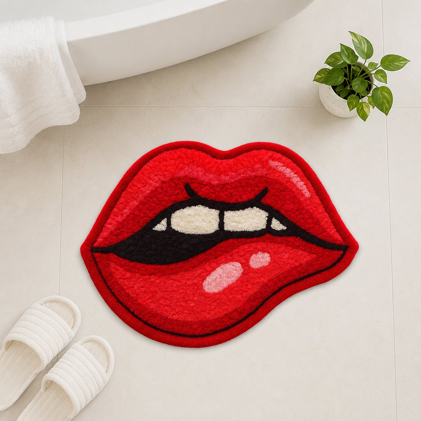 Feblilac Red Lips Tufted Bath Mat – Fun Shaped Bathroom Rug