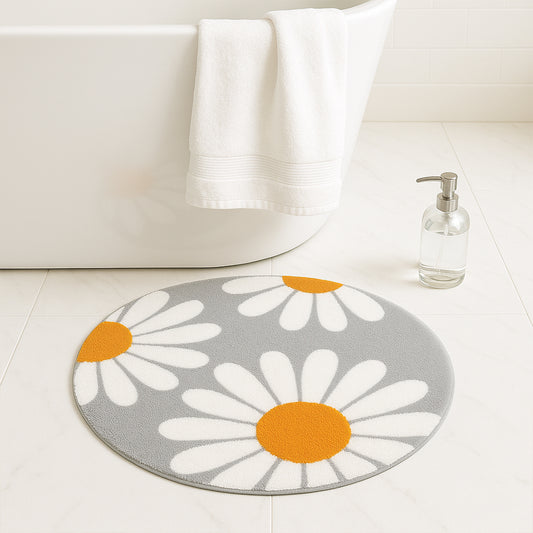 Feblilac Daisy Round Bath Mat | Floral Tufted Non-Slip Absorbent Rug