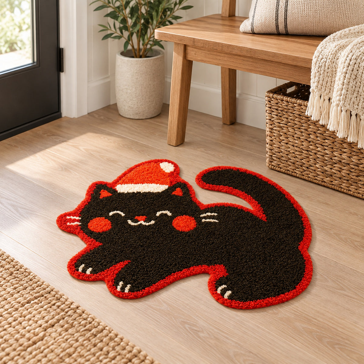 Feblilac Christmas Cat tufted bath mat in a bright bathroom beside the bathtub