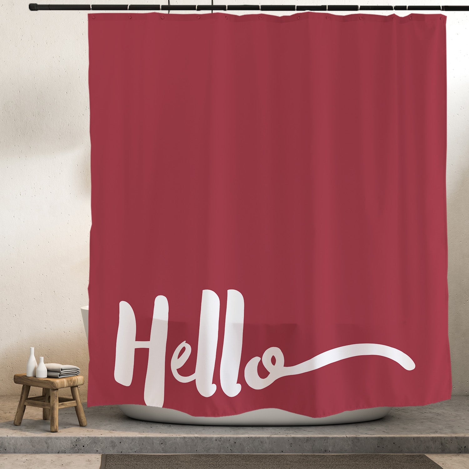 Feblilac Red Background Hello Shower Curtain with Hooks