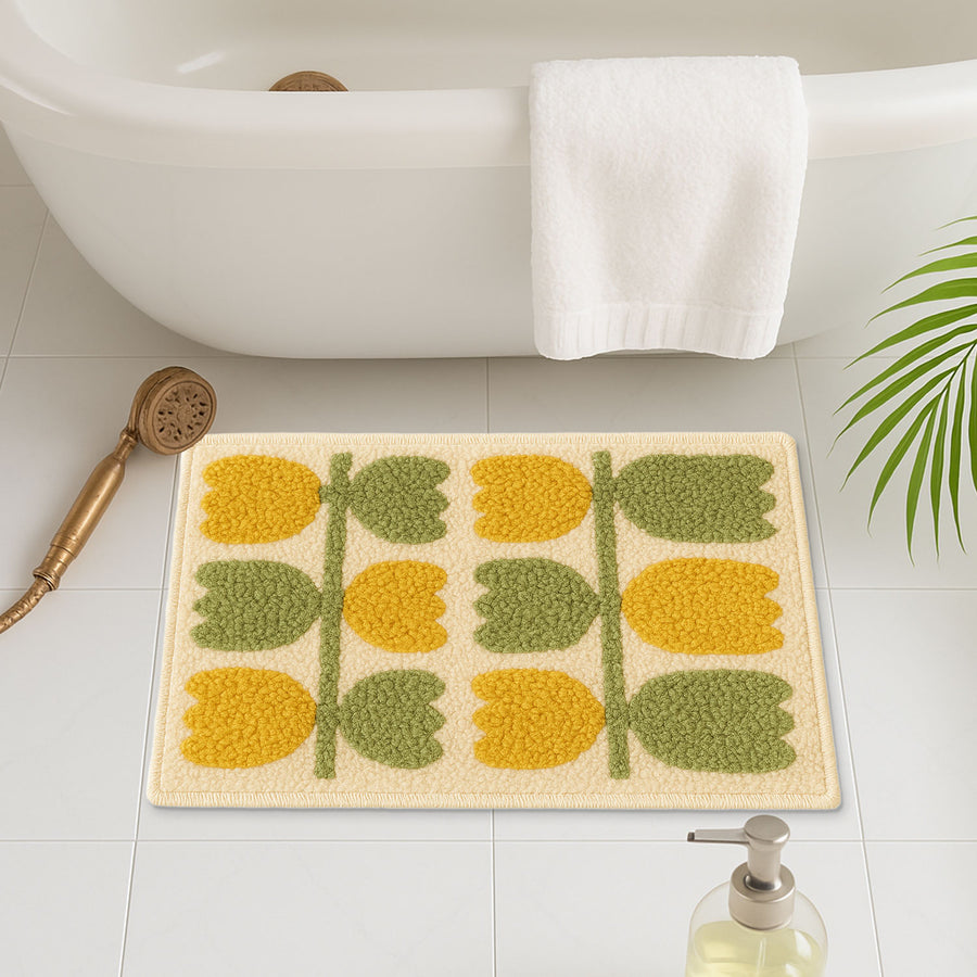 Feblilac Retro Tulip Bath Mat – Yellow & Green Floral Design - view 2