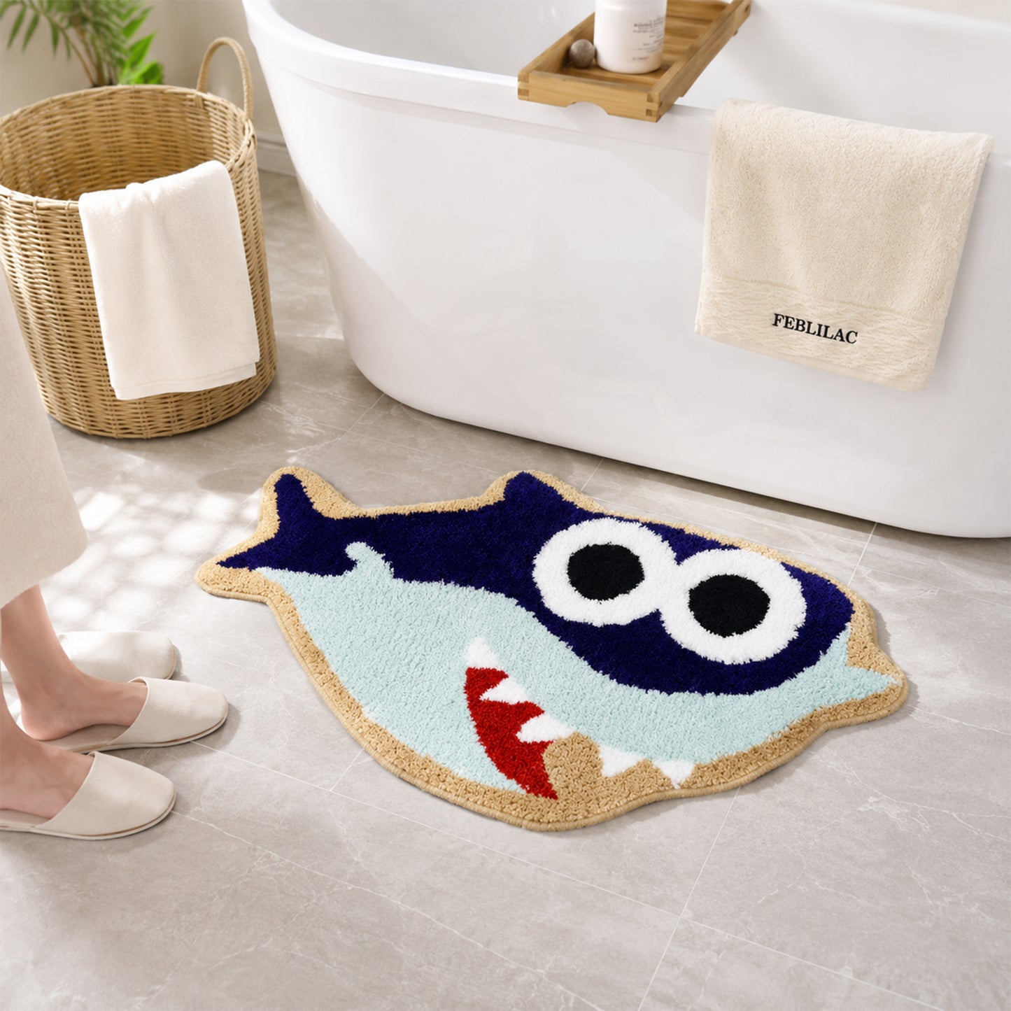 Feblilac Cute Shark Bath Mat for Kids Bathroom
