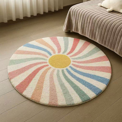 Feblilac Round Colorful Sunshine Area Rug, Boho Rainbow Area Rug, Living Room Mat