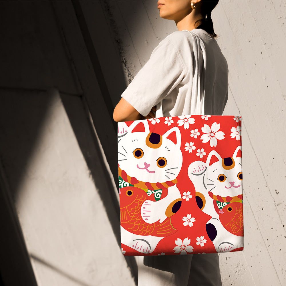 Feblilac Red Background White Sakura Lucky Cat Canvas Tote Bag