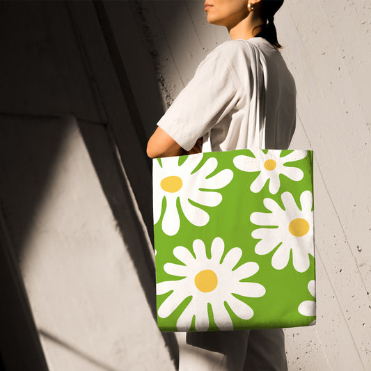 Feblilac Green Background Irregular Daisy Canvas Tote Bag @Frank’s design