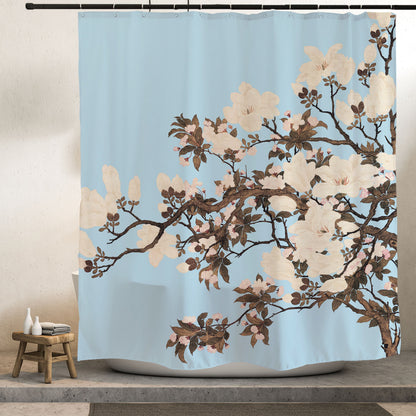 Feblilac Blue Background White Flowers Tree Shower Curtain with Hooks