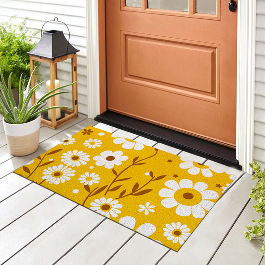 Feblilac Yellow Background White Flower Daisy PVC Coil Door Mat