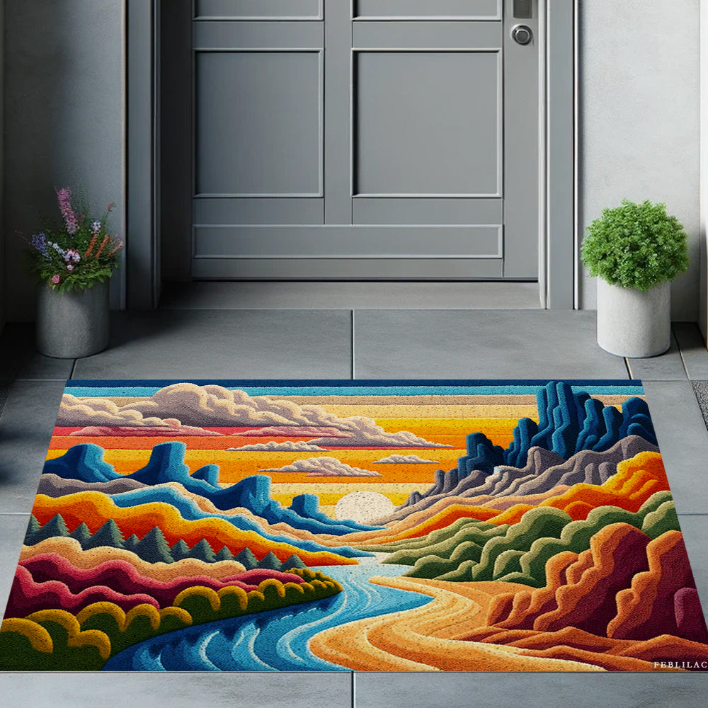 Feblilac Colorful Mountains Sunrise Clouds PVC Coil Door Mat