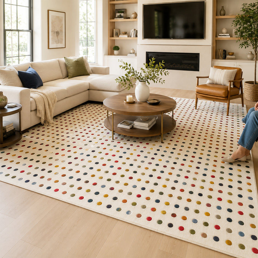 Feblilac Colorful Dot Wool Area Rug, Cream Plush Polka Dot Rug for Modern Home Decor