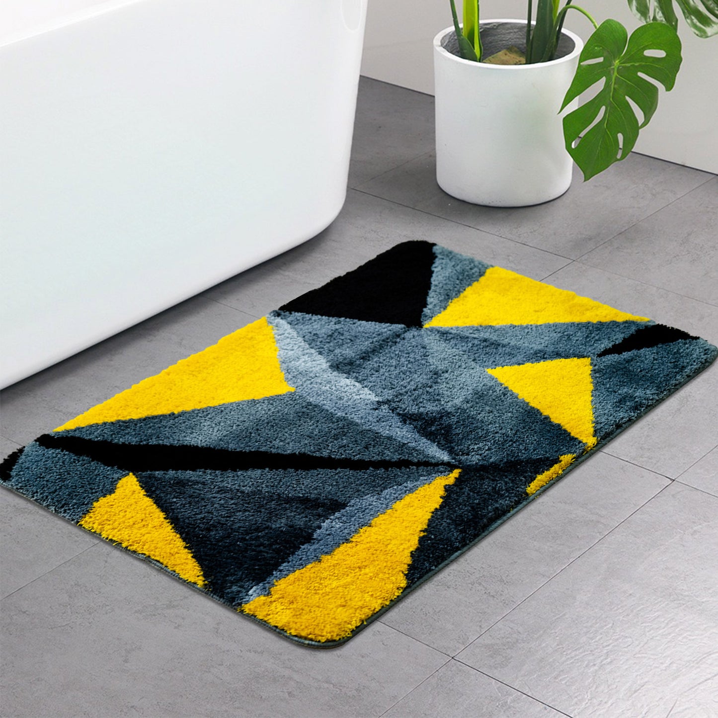 Feblilac Yellow Gray Geometric Triangle Tufted Bath Mat