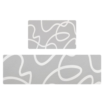 Feblilac Gray Background White Curves PVC Leather Kitchen Mat