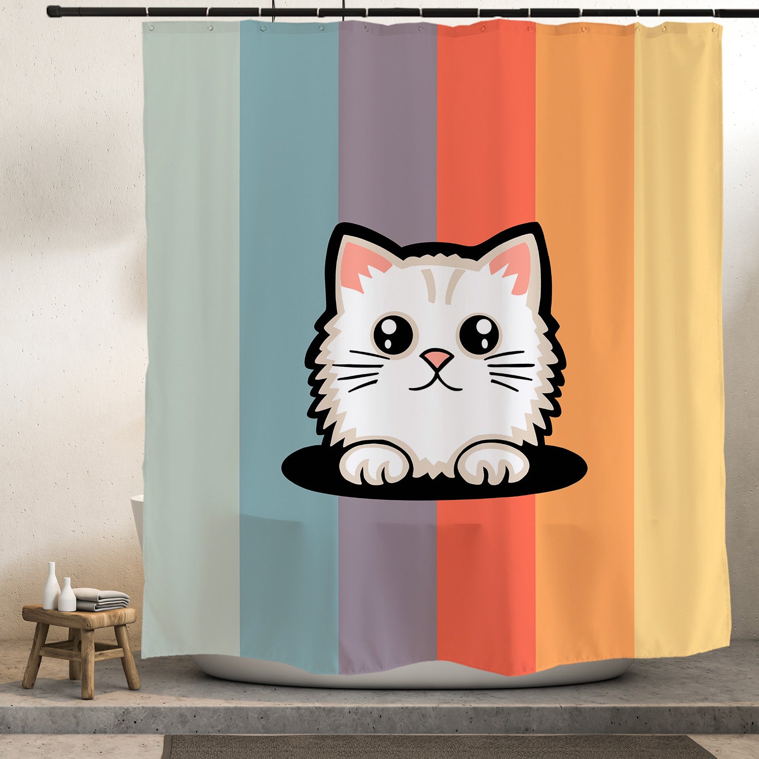Feblilac Rainbow Cat Shower Curtain with Hooks