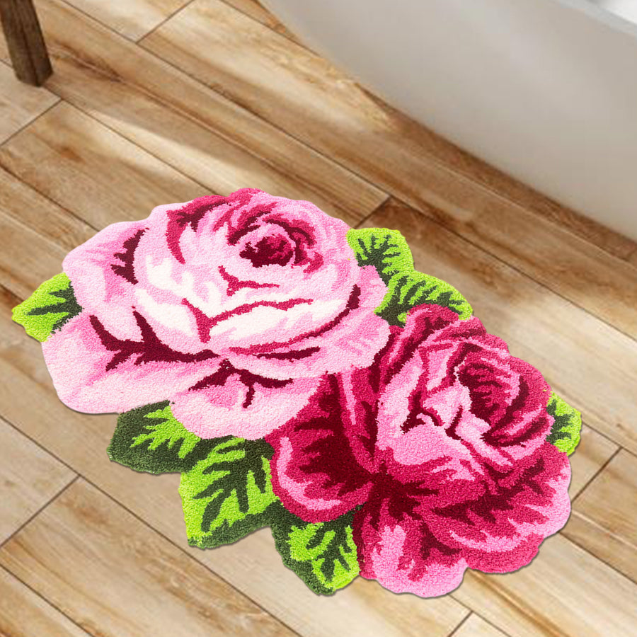Feblilac 2 Pink Flowers Tufted Bath Mat