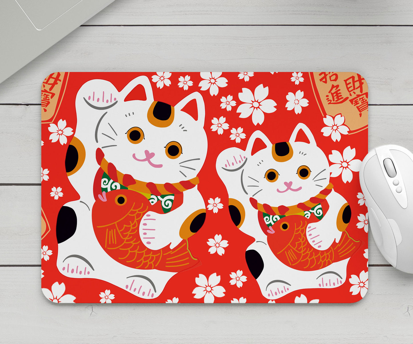 Feblilac Red Background White Sakura Lucky Cat Mouse Pad