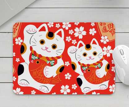 Feblilac Red Background White Sakura Lucky Cat Mouse Pad