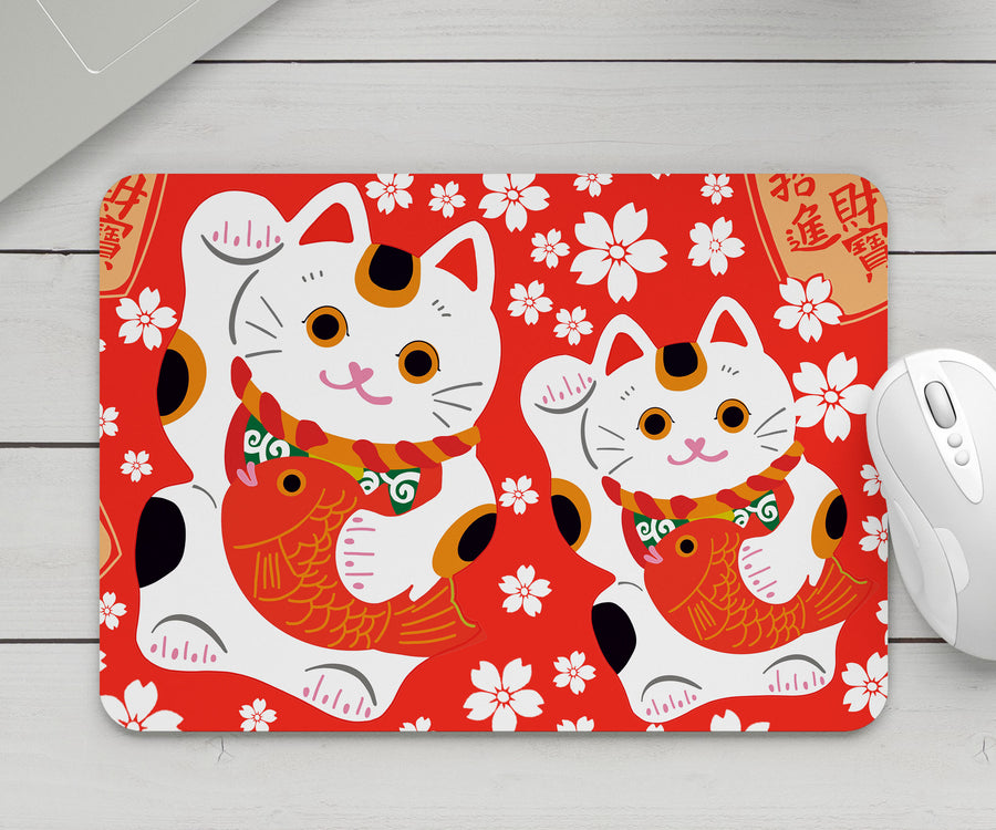 Feblilac Red Background White Sakura Lucky Cat Mouse Pad