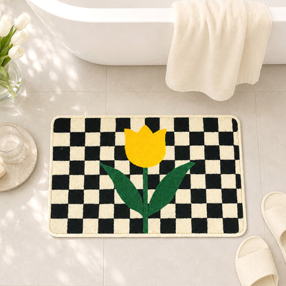 Feblilac Checkered Tulip Tufted Bath Mat | Soft Floral Bathroom Rug