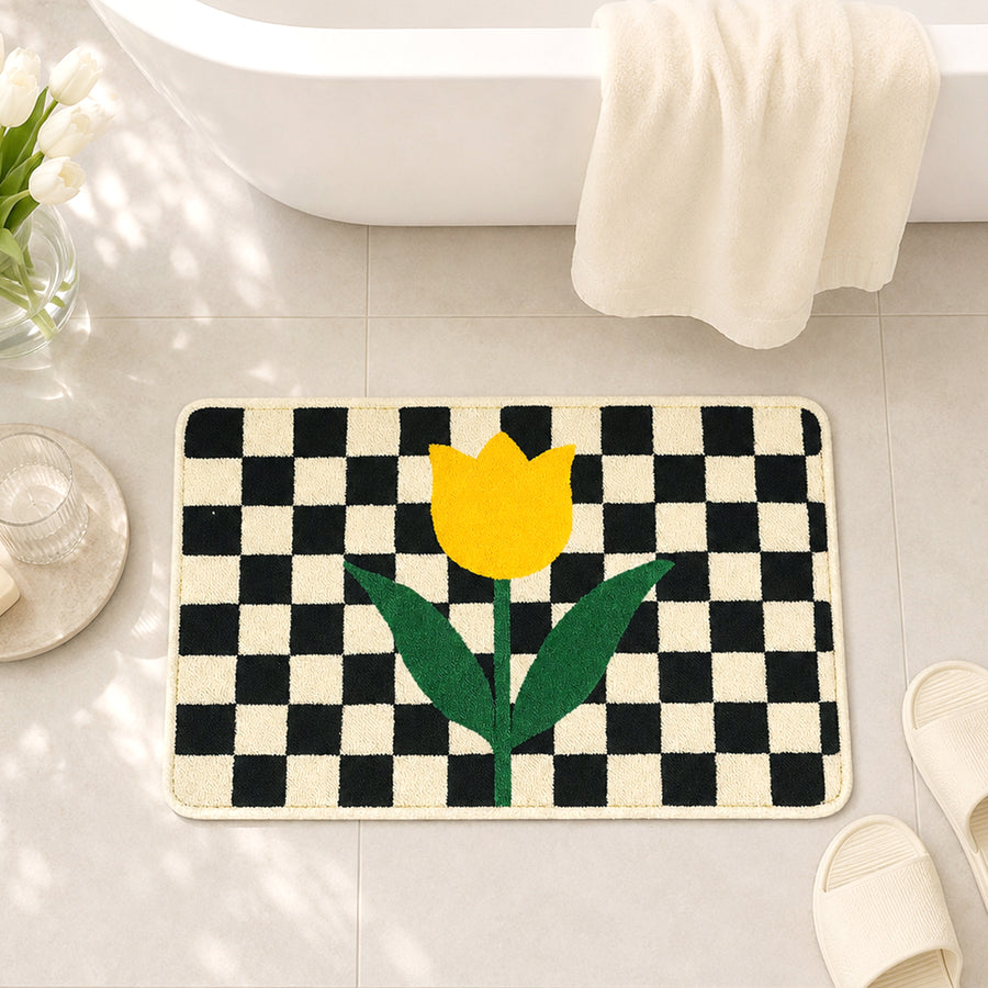 Feblilac Checkered Tulip Tufted Bath Mat | Soft Floral Bathroom Rug - view 2