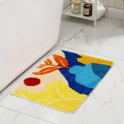 Feblilac Abstract Flower Pots tufted bath mat in a bright bathroom beside the bathtub