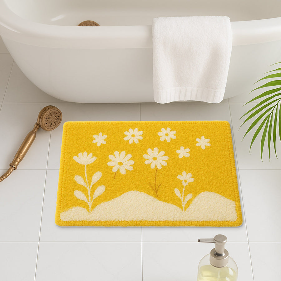 Feblilac Yellow Daisy Field Tufted Bath Mat – Cheerful Floral Landscape, Soft & Bright Bathroom Rug - view 2