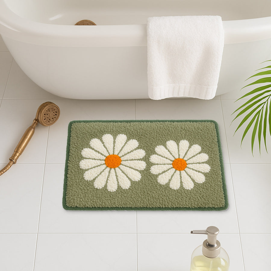 Feblilac Daisy Greem Tufted Bath Mat – Cute Double Flower Design, Soft & Fresh Bathroom Rug - view 2