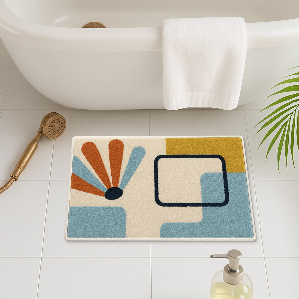 Feblilac Minimal Blue Yellow Black Geometric tufted bath mat in a bright bathroom beside the bathtub