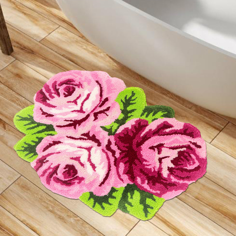 Feblilac 3 Pink Flowers Tufted Bath Mat