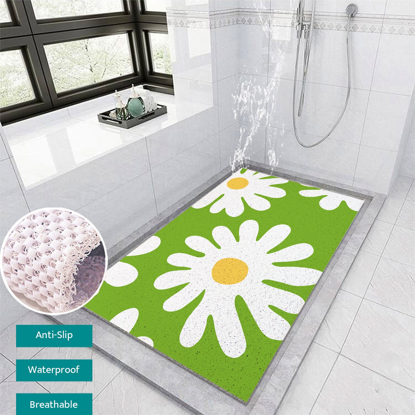 Feblilac Green Background Irregular Daisy PVC Coil Bathtub Mat and Shower Mat @Frank’s design
