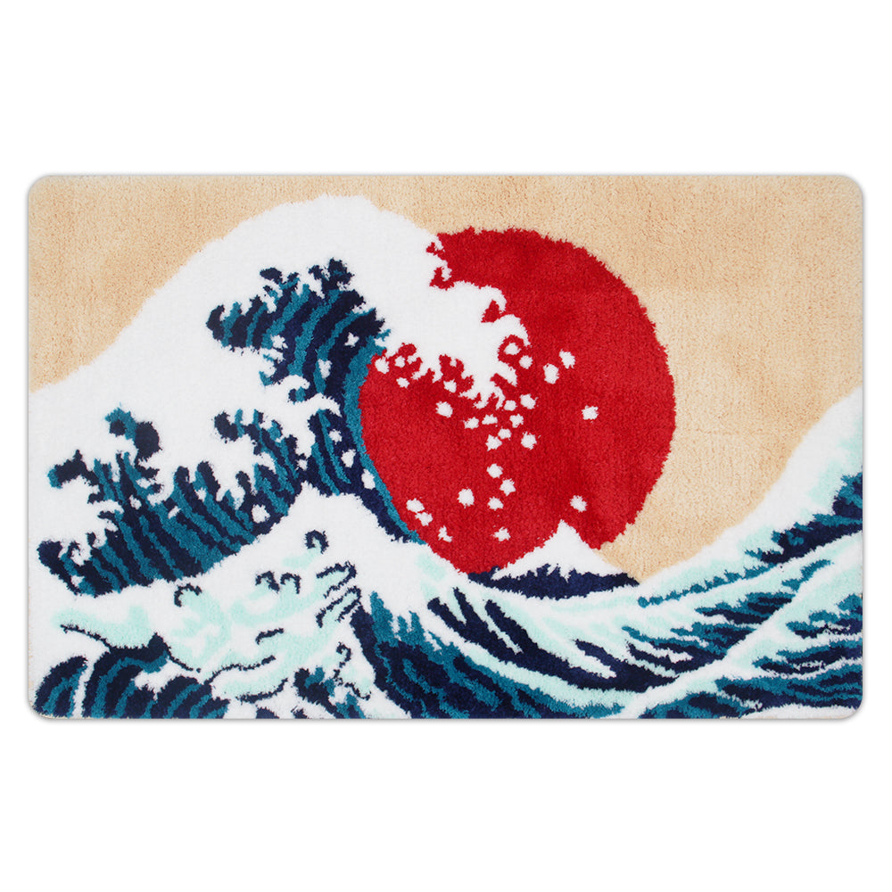 Feblilac Ukiyoe Great Waves and Sunset Bath Mat, Japanese Style Rug for Bathroom